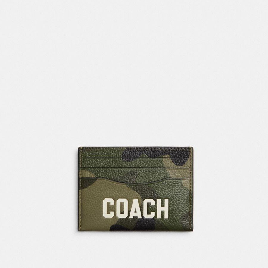 Cartera COACH Card Case With Camo Print And Coach Graphic Hombre Verde | 147-GSZUIM