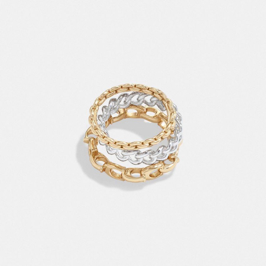 Joyas COACH Signature Mixed Chain Ring Set Mujer Doradas | 581-VCGHEI